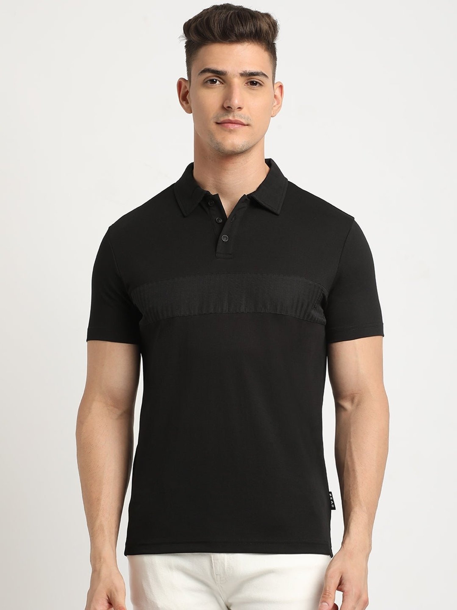 The Bear House Black Slim Fit Self Pattern Polo T-Shirt