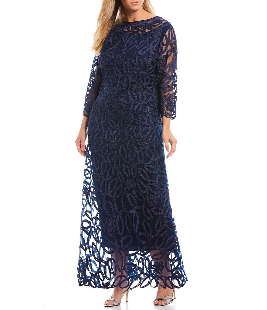 Soulmates Plus Size Boat Neck Soutache 3/4 Sleeve Long Gown