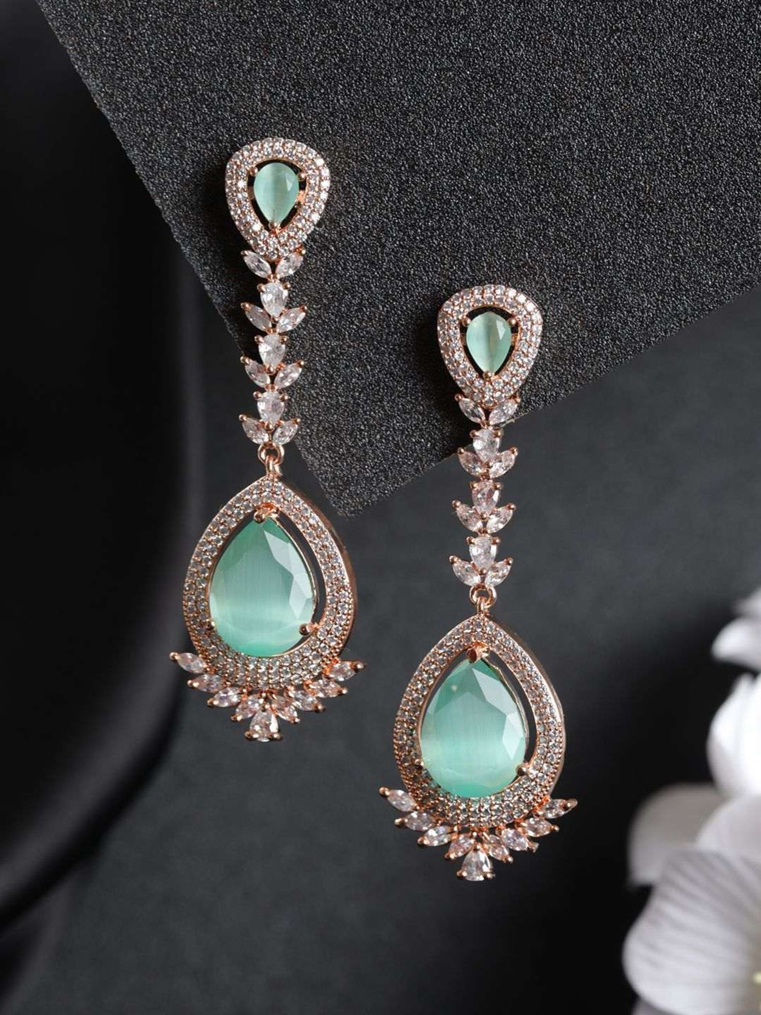 Priyaasi Mint Green Pear Leaf Rose Gold-Plated Earrings