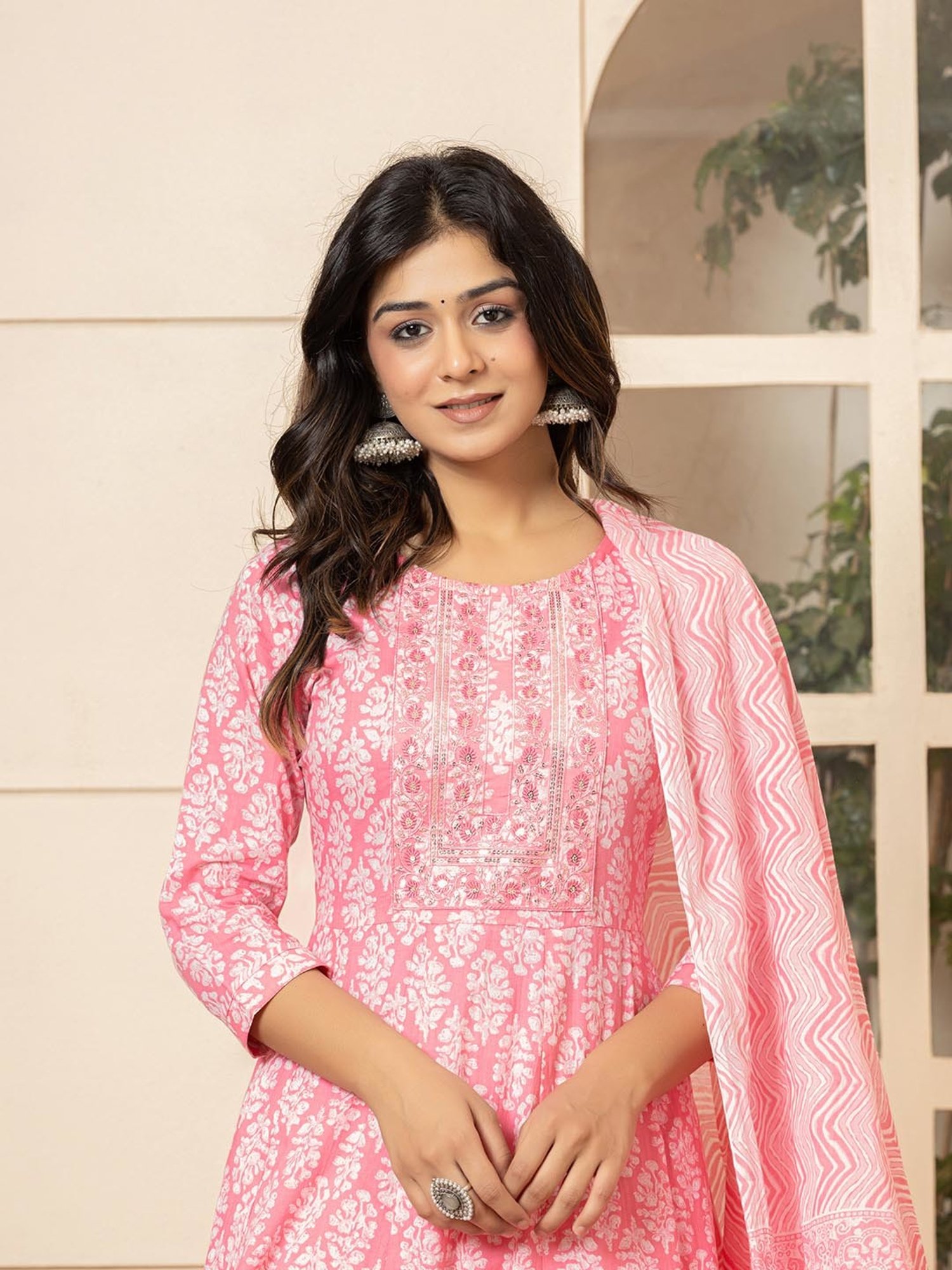 Yufta Pink Cotton Embroidered Kurta & Pant Set with Dupatta