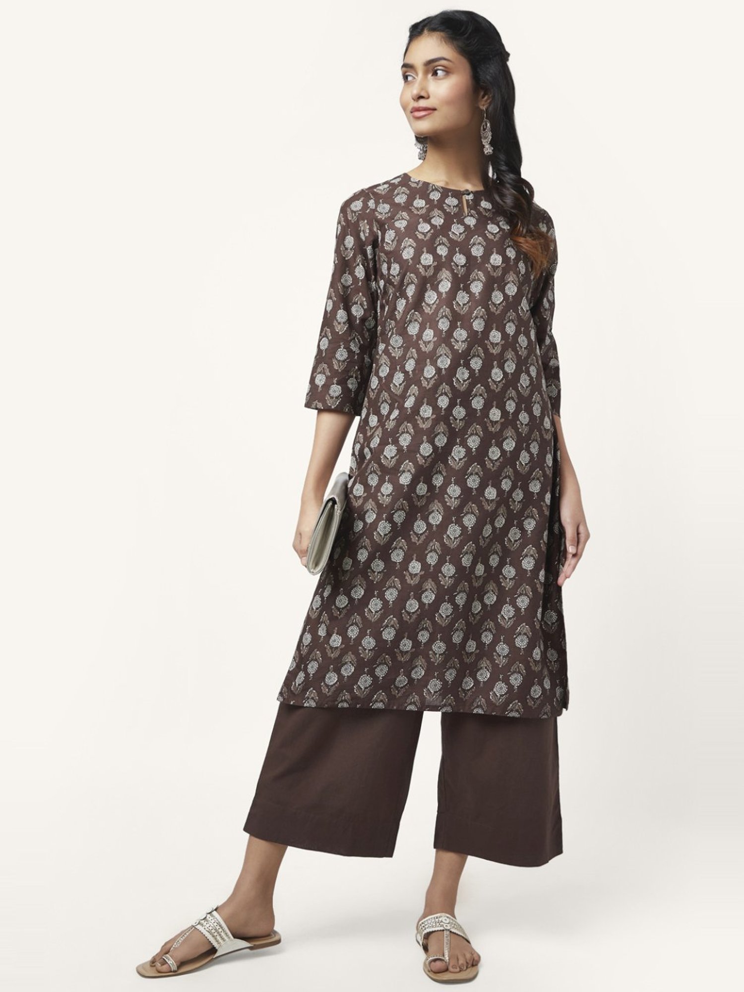 Rangmanch by Pantaloons Brown Cotton Floral Print Kurta Palazzo Set