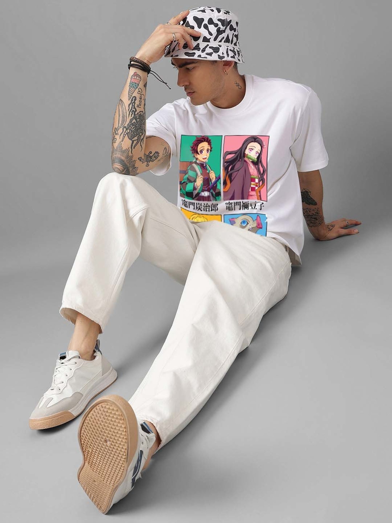 Free Authority White Loose Fit Demon Slayer Printed Crew T-Shirt