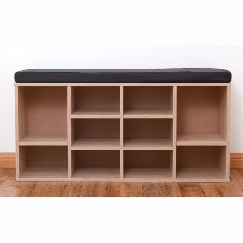 Natural Wooden Shoe Cubicle Storage Entryway Bench with Soft Cushion for Seating
