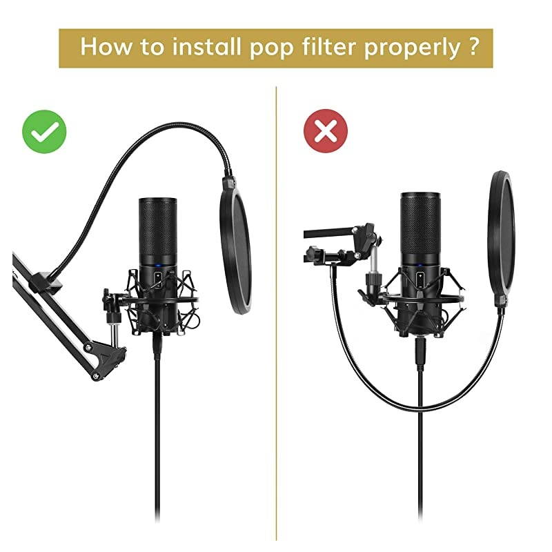 Microphone Arm Stand,  Adjustable Suspension Boom Scissor Mic Stand with Pop Filter, 3/8" to 5/8" Adapter, Mic Clip, Upgraded Heavy Duty Clamp for Blue Yeti Nano Snowball Ice and Other Mics(T20)