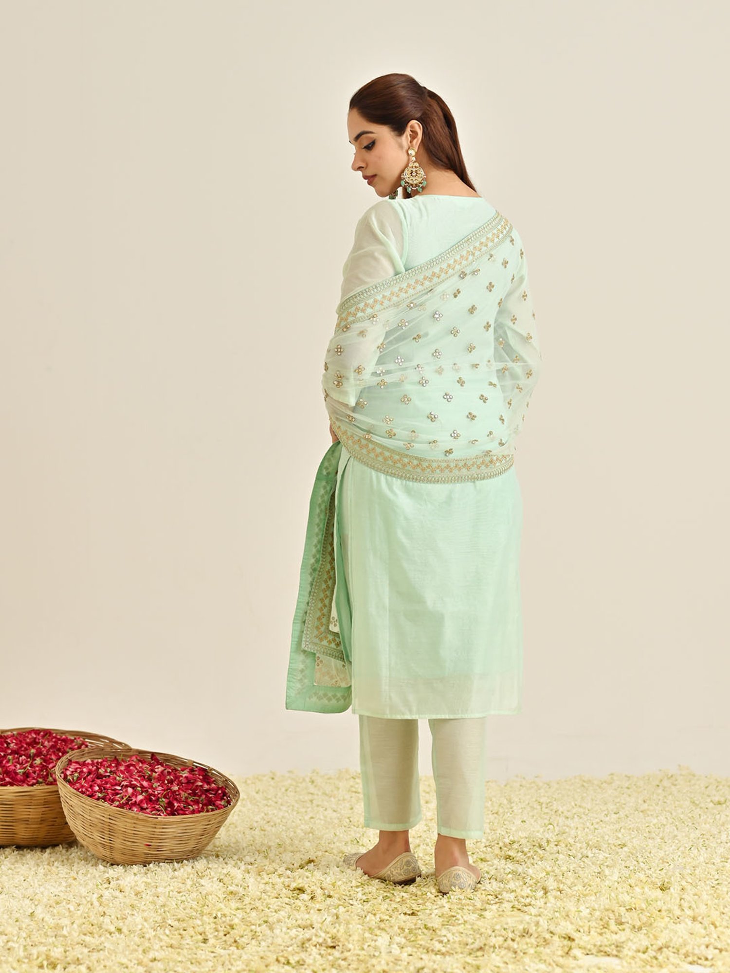 Rustorange Mint Green Embroidered Kurta With Pant & Dupatta