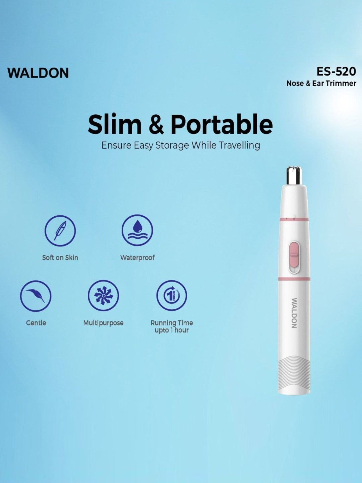 Waldon ES-520 Cordless Nose Trimmer Unisex Suitable for Ear and Eyebrow,Stainless Steel (White)