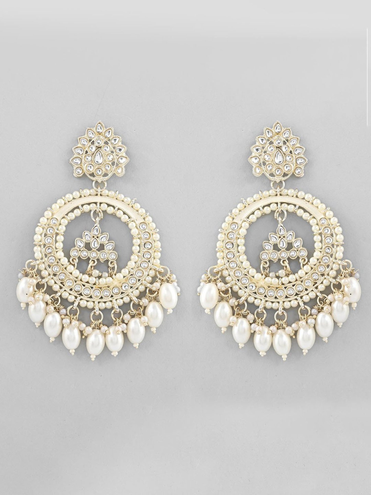 VOJ Gold Plated Kundan Studded White Chandbali Earrings for Women