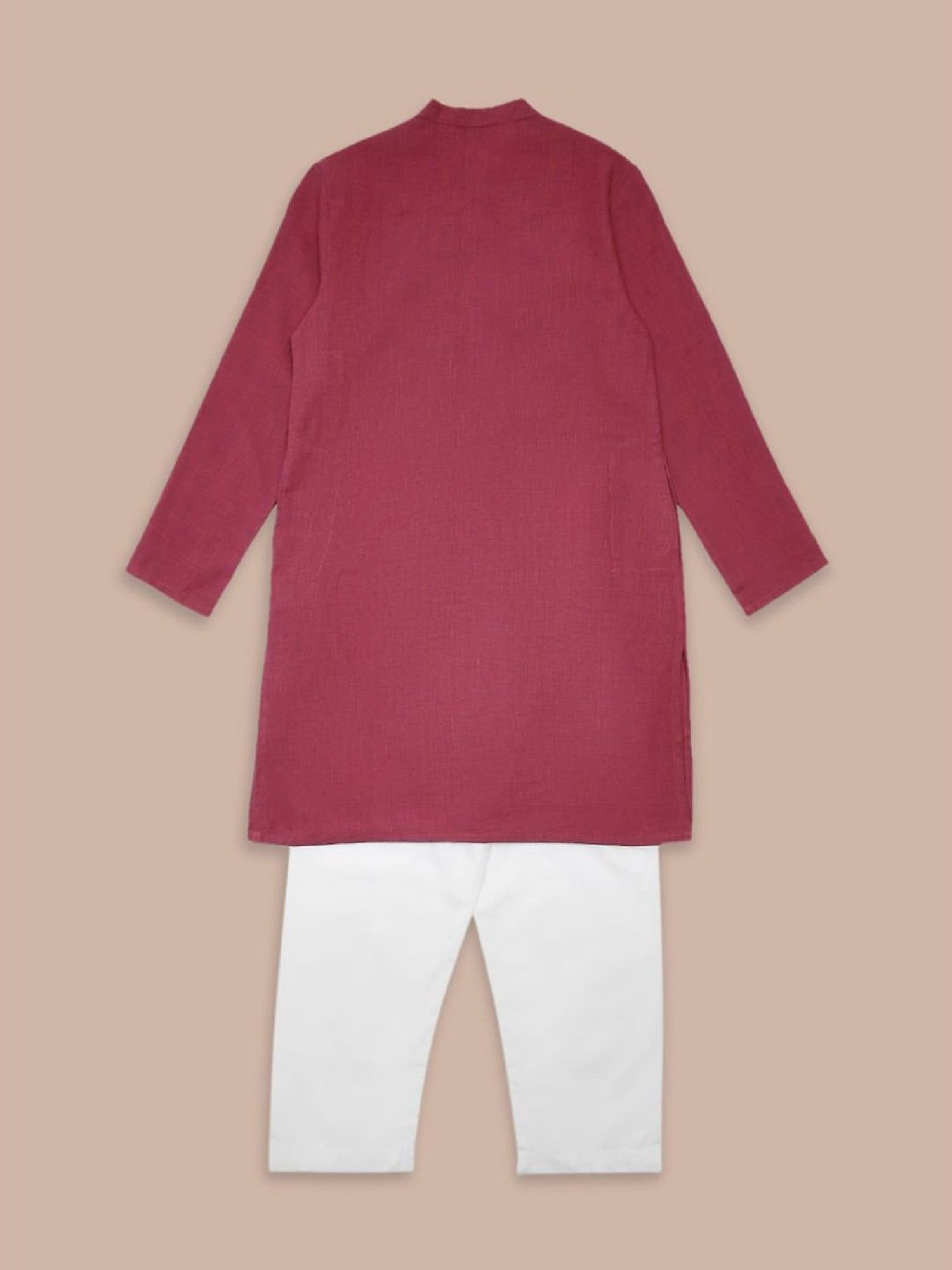 Indus Route by Pantaloons Kids Pink & White Cotton Self Pattern Full Sleeves Kurta Set
