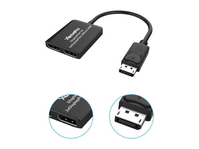 XtremPro 61072 2 Ports DisplayPort MST Hub Splitter Support HDCP, SST, and Extended MST, 3840x2160P@30Hz - Black