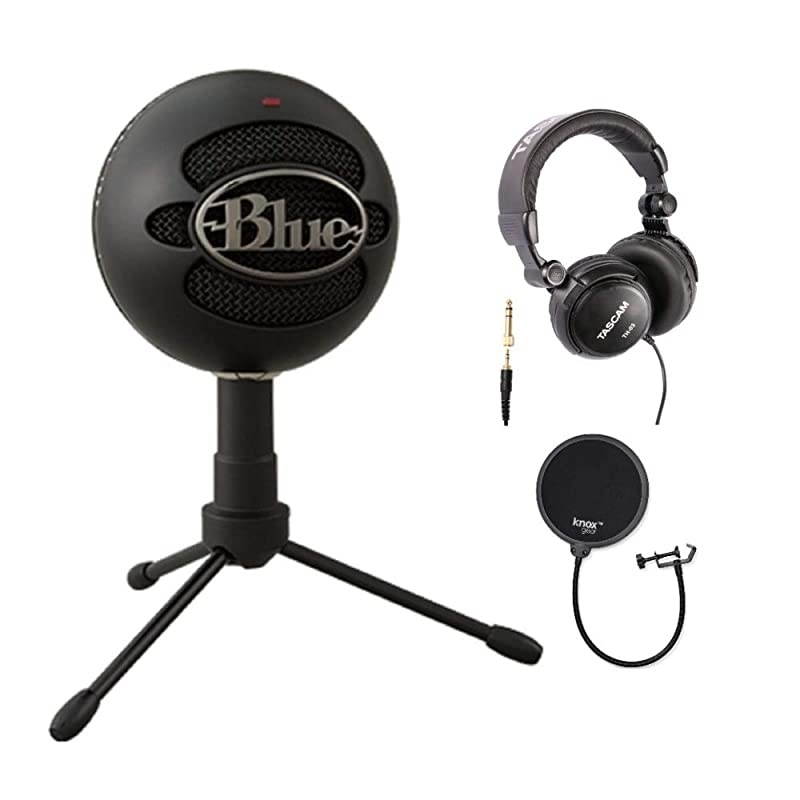 Snowball iCE Condenser Microphone Black with Studio Headphones and Knox Pop Filter Bundle