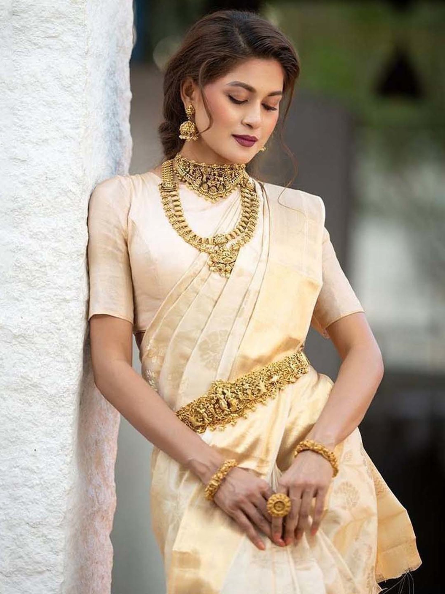 SHUBHKALA Beige Silk Woven Saree With Unstitched Blouse