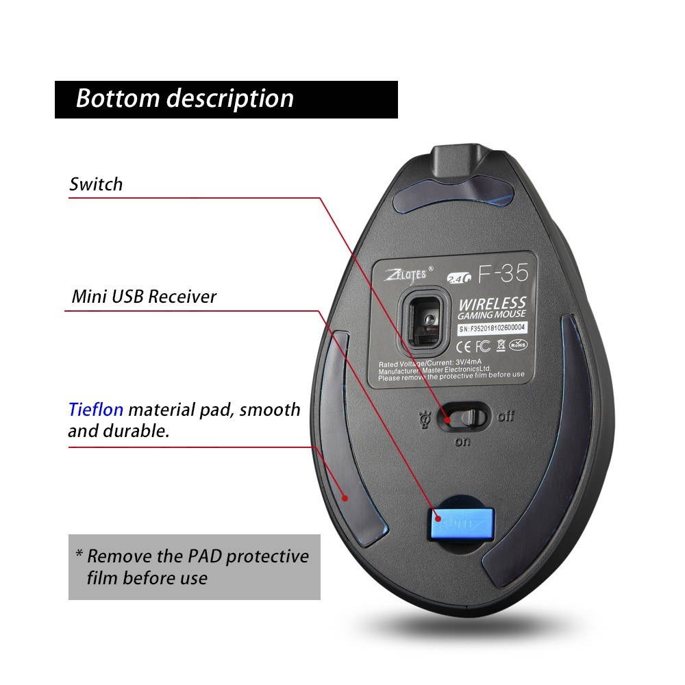 Zelotes F-35 Wireless Vertical Mouse Rechargeable 2400 DPI Optional