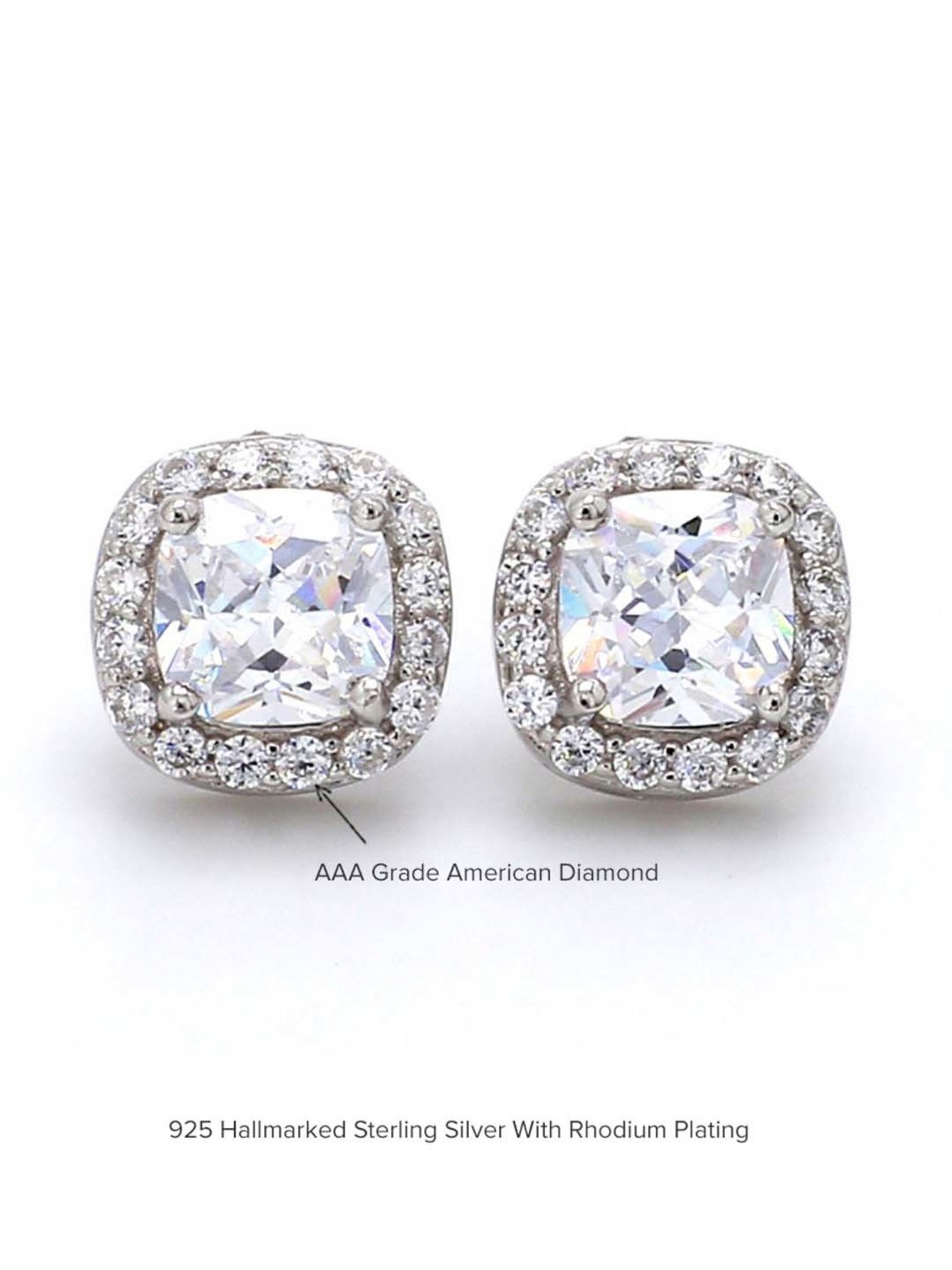 925 Silver Cushion AAA Grade American Diamond Solitaire Stud Earrings for Women & Girls