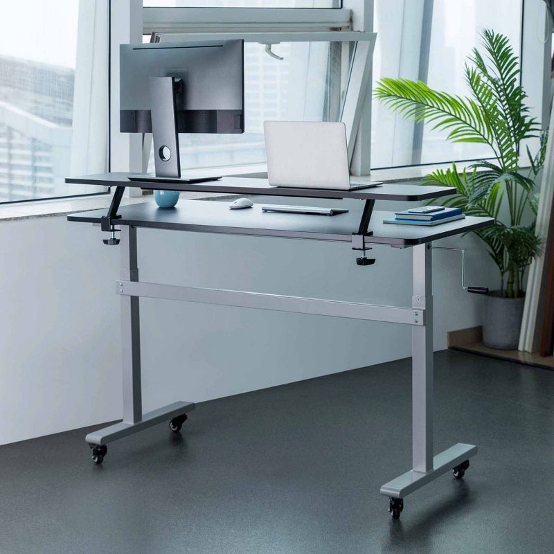 Tranzendesk Standing Desk with Clamp-On Shelf - 55" Sit to Stand Workstation with 55" Monitor Stand - Black with Silver Legs - Stand Steady