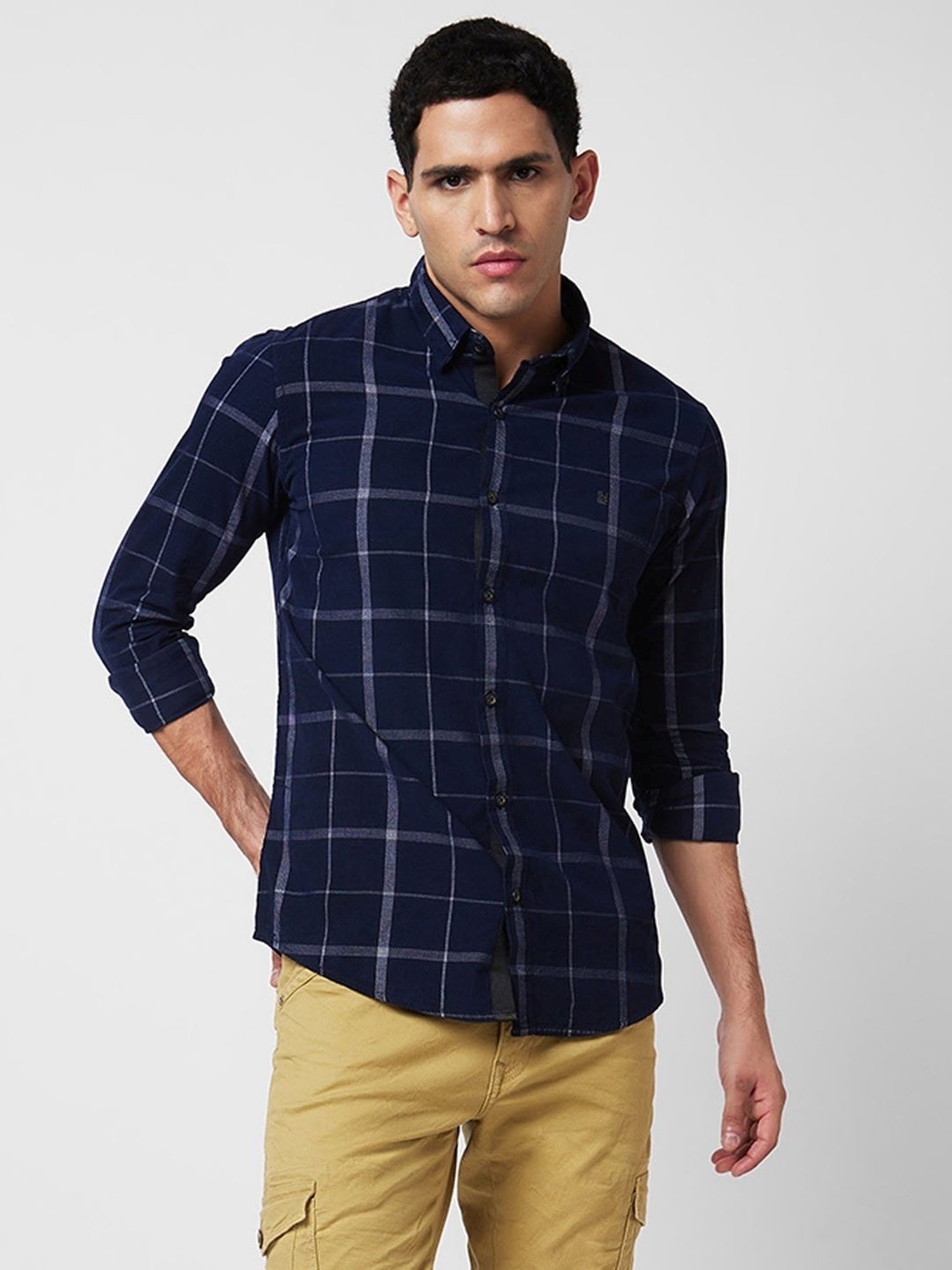 Spykar Blue Cotton Slim Fit Checks Shirt
