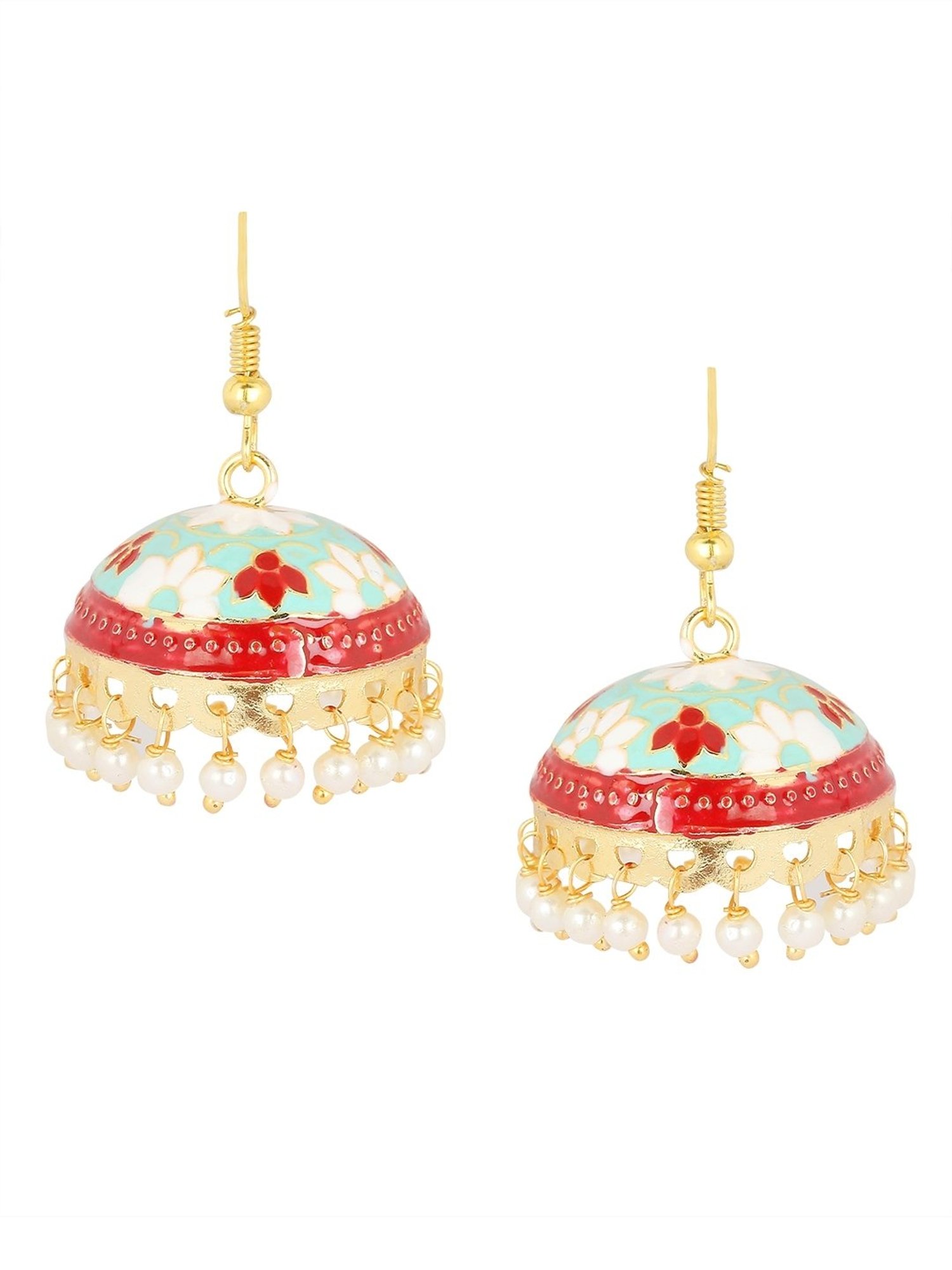 Oomph Red & Mint Green Meenakari Enamel Minimal Floral Jhumki Earrings