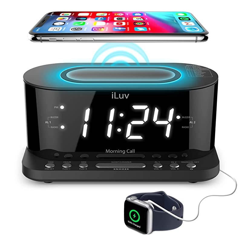 Morning Call 5 Qi-Certified Wireless Charging Bedside Digital Alarm Clock, 1.2" Jumbo LED Dual Alarm, FM Radio with 10 Presets, USB Charging Port, Sleep Timer, 3-Level Dimmer, Battery Backup