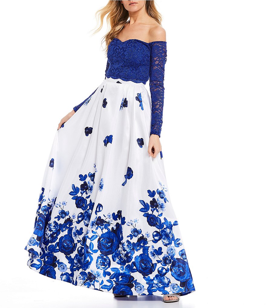 Sequin Hearts Off-The-Shoulder Lace with Floral Print Skirt Two-Piece Ball Gown