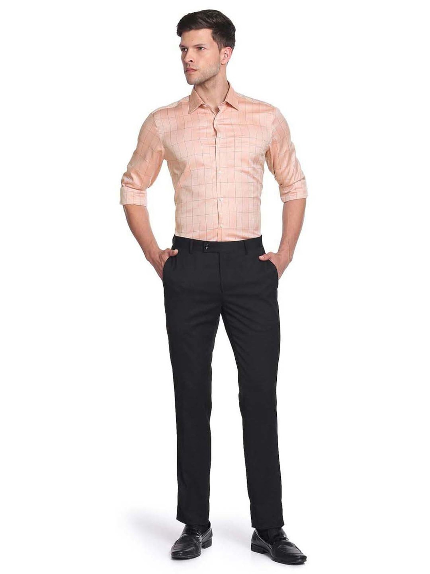 Arrow Orange Cotton Slim Fit Checks Shirt