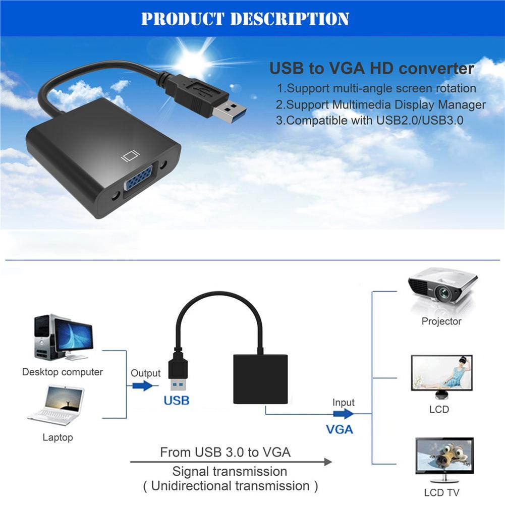 Black USB 3.0 2.0 to VGA 1080P Multi-display Adapter Converter For Computer Projector