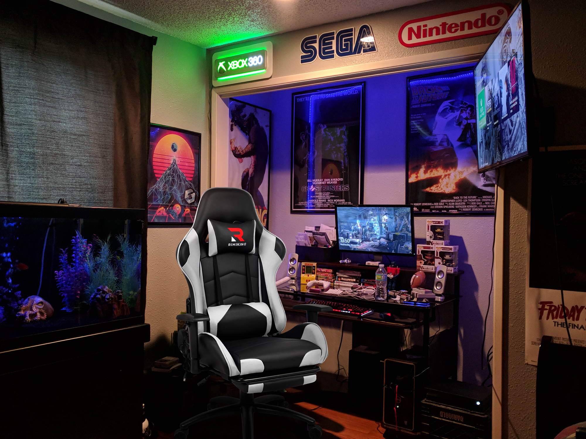 RIMIKINGMassage Gaming Chair with Retractable Footrest-Adjustable Lumbar Cushion Computer Office Racing Chair Headrest Swivel Rocking Desk Chair Ergonomic