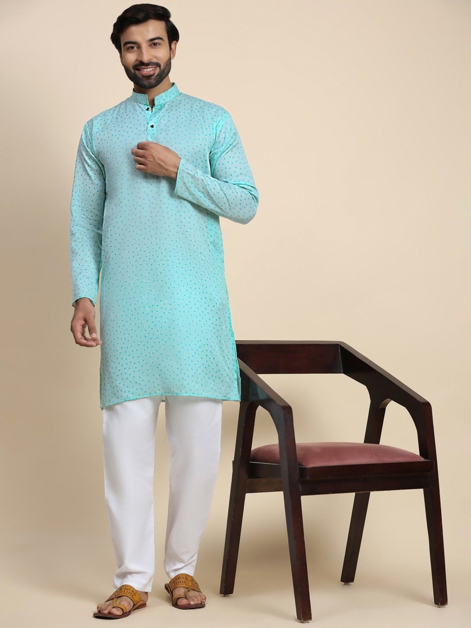 Pro-Ethic Style Developer Blue & White Cotton Regular Fit Printed Kurta Bottom Set