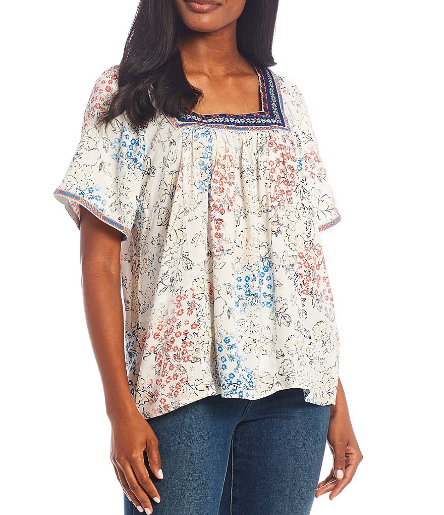 One World Apparel Jacquard Square Neck Short Sleeve Ivory Multi Floral Print Top