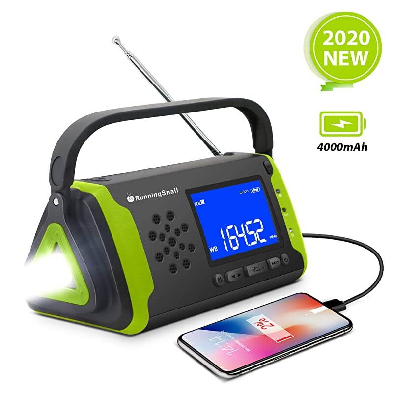 NOAA Weather Crank Solar Powered Portable Radio with 4000mAh Battery Power for Cell Phone, Bright Flashlight for Household and Outdoor Survival (097-Green)