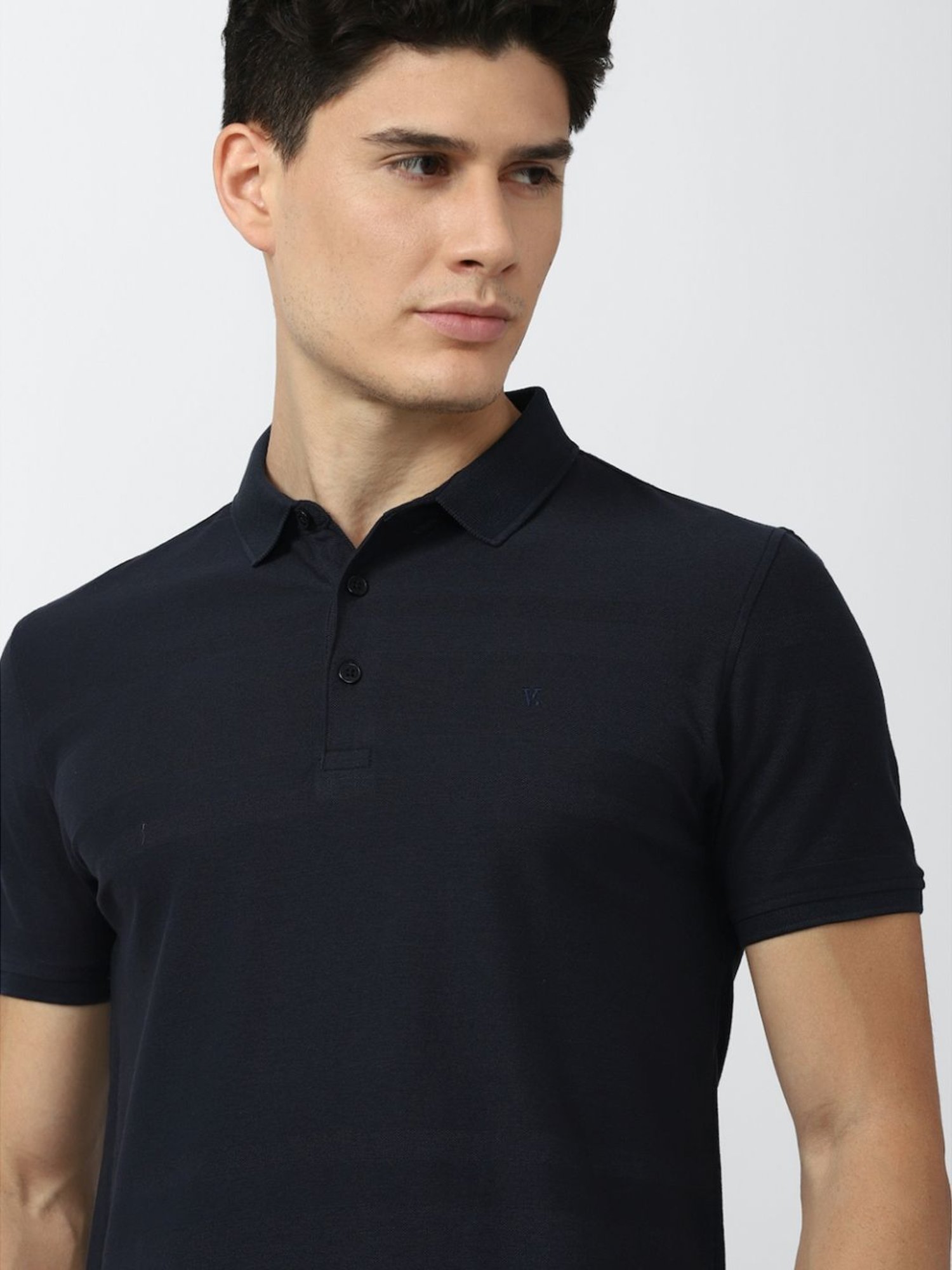 V Dot Navy Blue Cotton Slim Fit Striped Polo T-Shirt
