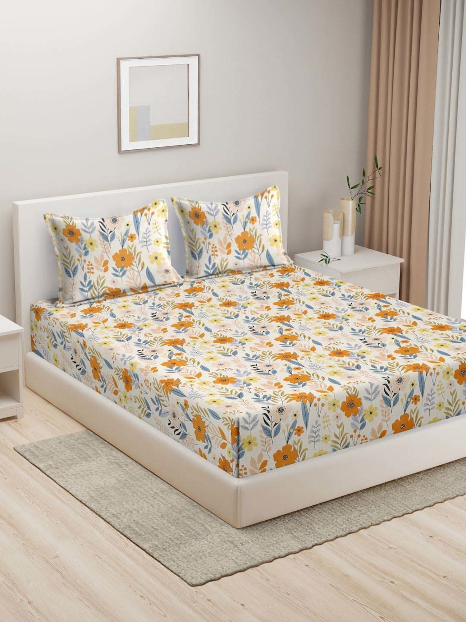 HOSTA HOMES Multicolor Cotton 280 TC King Bedsheet with 2 Pillow Covers