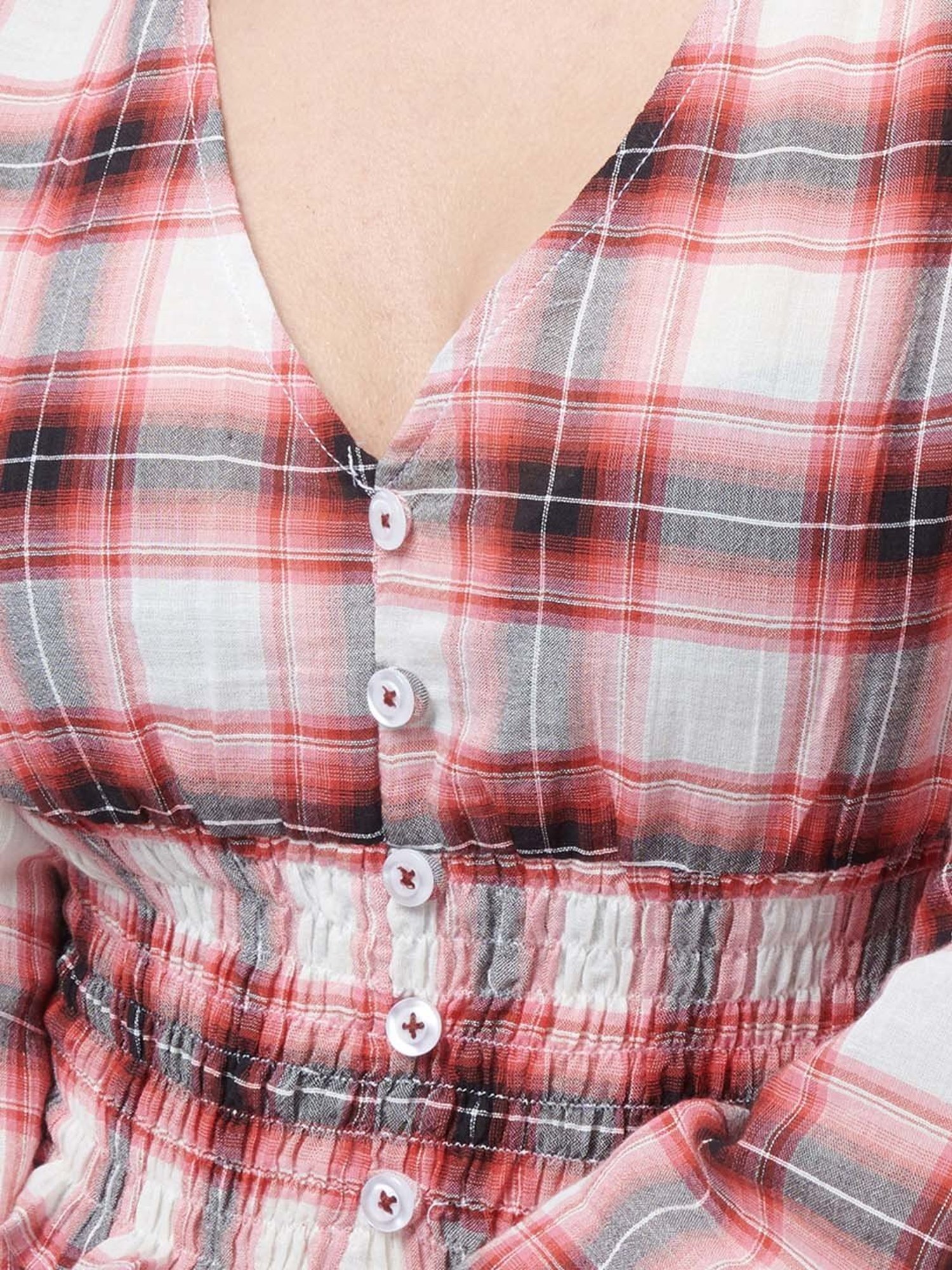 VASTRADO Red Cotton Chequered Crop Top