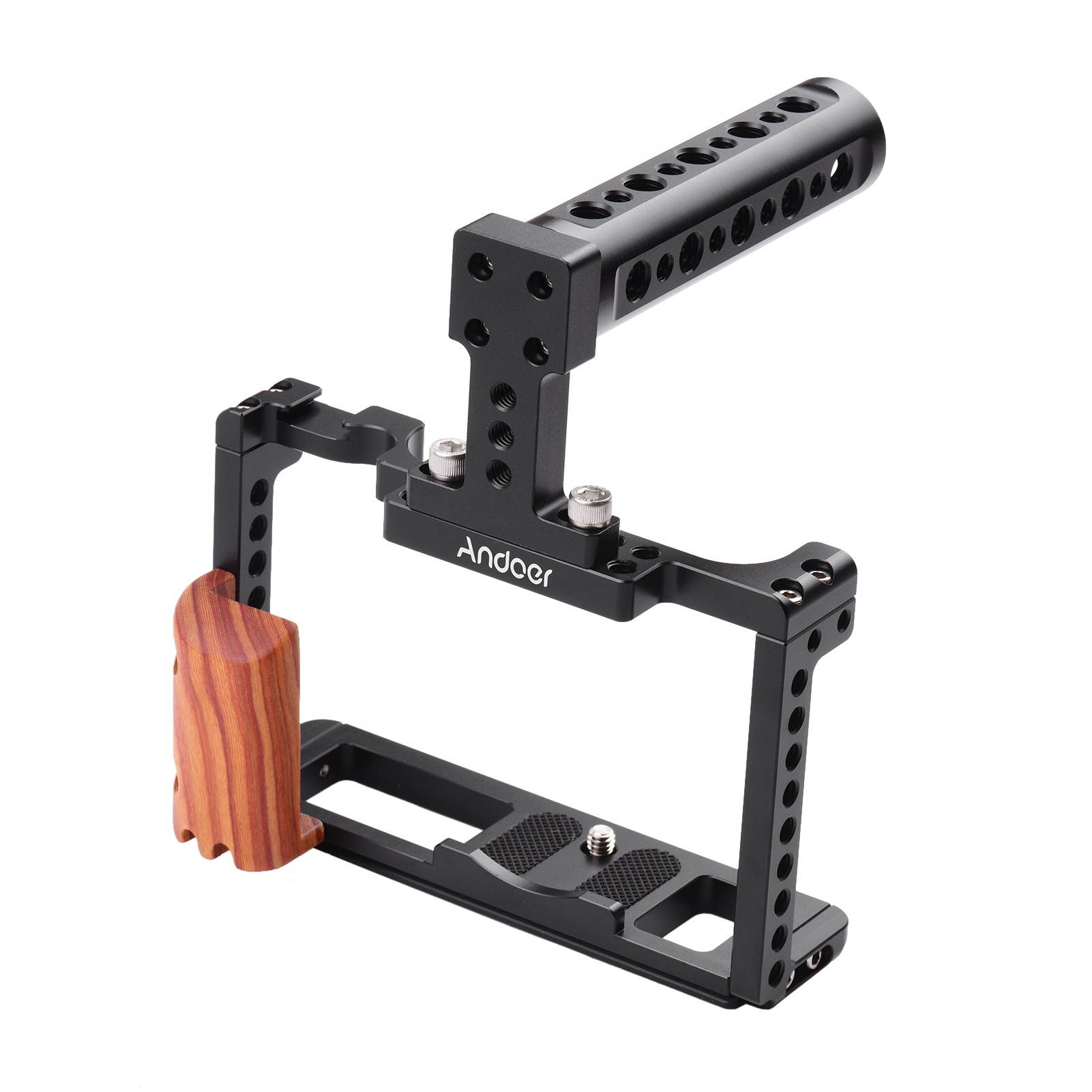 Andoer Aluminum Alloy Camera Cage Kit Protective Vlog Cage with Wooden Hand Grip Metal Top Handle Film Making System with Cold Shoe for Microphone Fill Light Compatible with Fujifilm X-T4 ILDC Camera