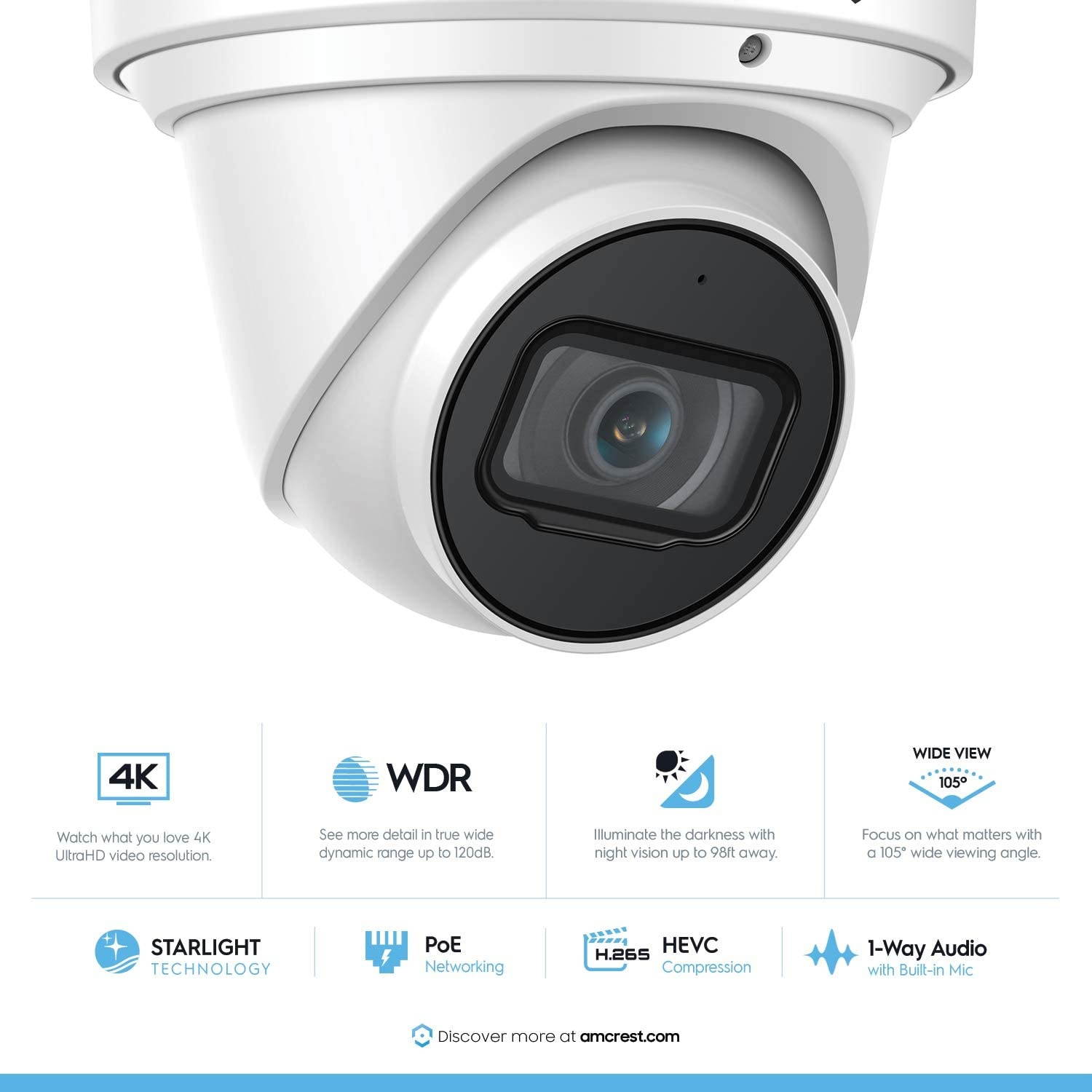 Amcrest 4K Security Camera System w/ 4K 8CH PoE NVR, (4) x 4K (8-Megapixel) IP67 Weatherproof Metal Turret Dome POE IP Cameras (3840x2160), Pre-Installed 2TB HDD, NV4108E-IP8M-T2599EW4-2TB (White)
