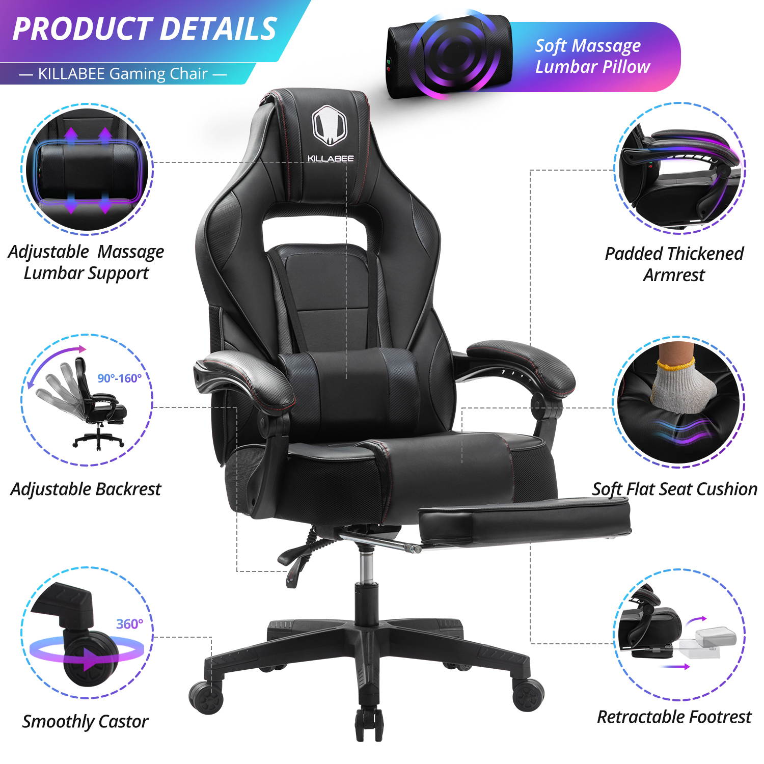 KILLABEE Massage Gaming Chair High Back PU Leather PC Racing Computer Desk Office Swivel Recliner with Retractable Footrest and Adjustable Lumbar Support