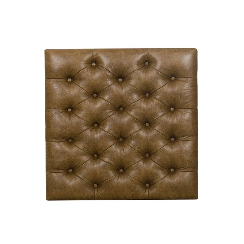 Square Metal Ottoman with Button Tufting Faux Leather Light Brown - HomePop