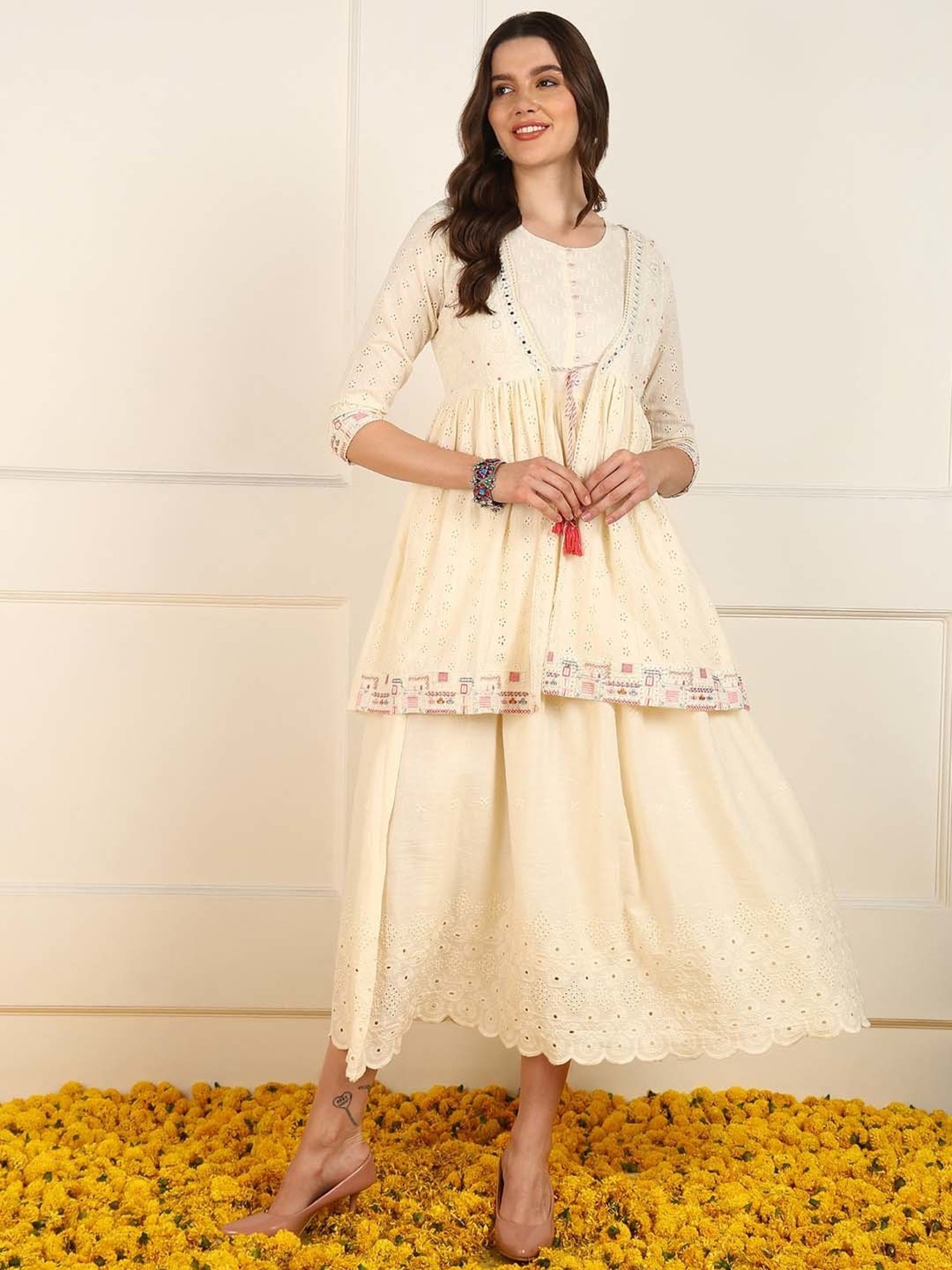 Vaamsi Beige Cotton Embellished Maxi Dress With Shrug