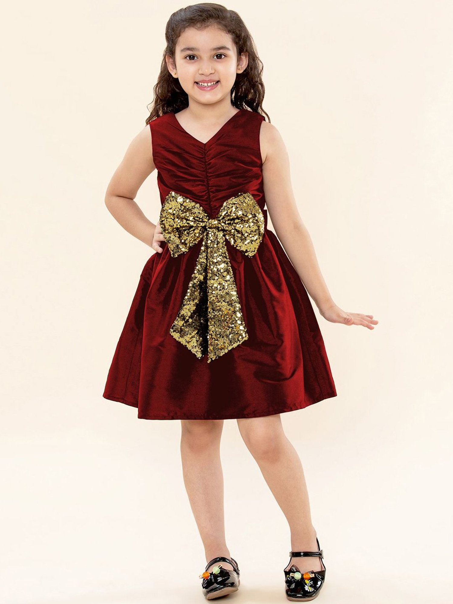 A.T.U.N. Kids Maroon & Golden Sequence Dress