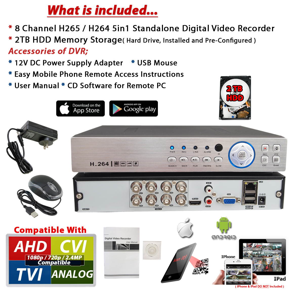 Evertech 8 Channel HD H.264 DVR 4in1 AHD TVI CVI Analog CCTV Security Surveillance Digital Video Recorder with 2TB Hard Drive
