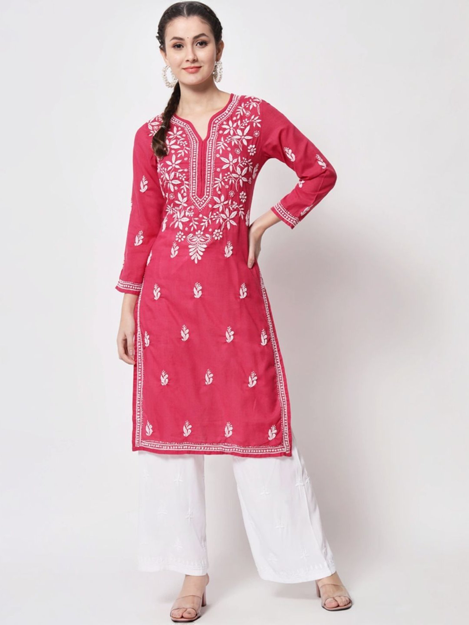 PARAMOUNT CHIKAN Magenta Pink Cotton Hand Embroidered Chikankari Straight Kurta