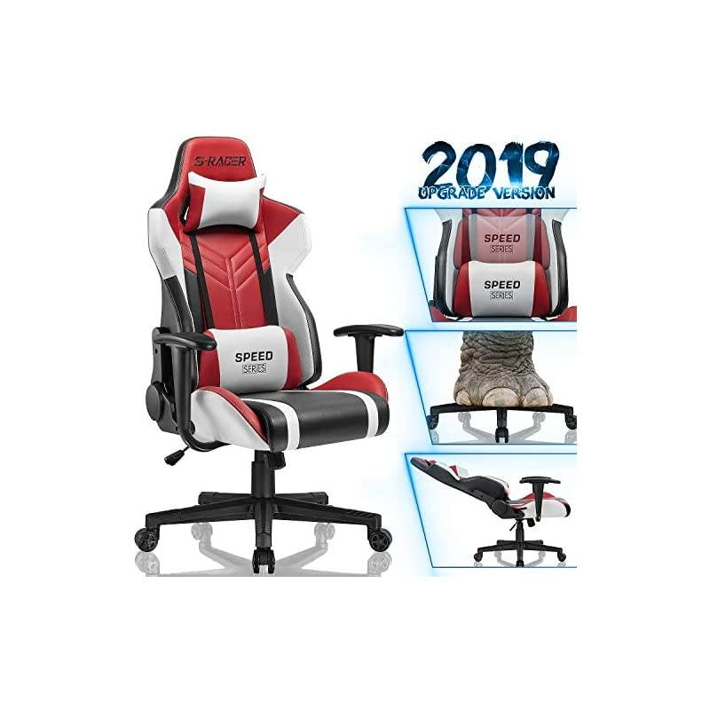 Gaming Chair Racing Style High-Back PU Leather Office Chair Computer Desk Chair Executive and Ergonomic Swivel Chair with Headrest and Lumbar Support (Red)