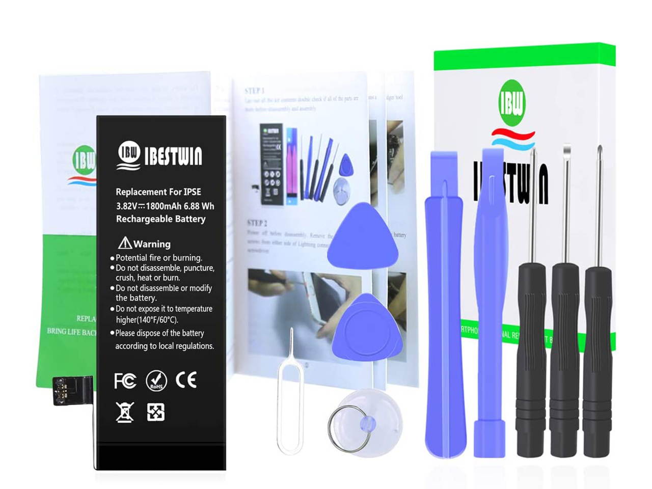 Battery for iPhone SE, IBESTWIN 1800mAh Replacement Battery Kit for iPhone SE A1723,A1662 and 1724 with Full Remove Tool Kit and Adhesive, 0 Cycle, 3 Years Warranty