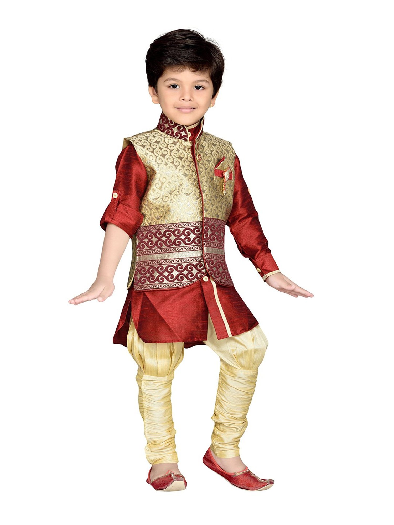 AJ Dezines Kids Maroon & Gold Self Design Full Sleeves Kurta, Pyjamas with Waistcoat
