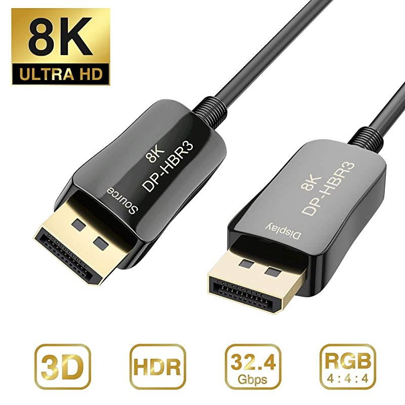 Fiber 8K 4K DisplayPort Cable DP 14 HBR3 8K60Hz 4K144Hz High Speed 324Gbps Optical Fiber Slim and Flexible DP to DP Cable 20m 65ft