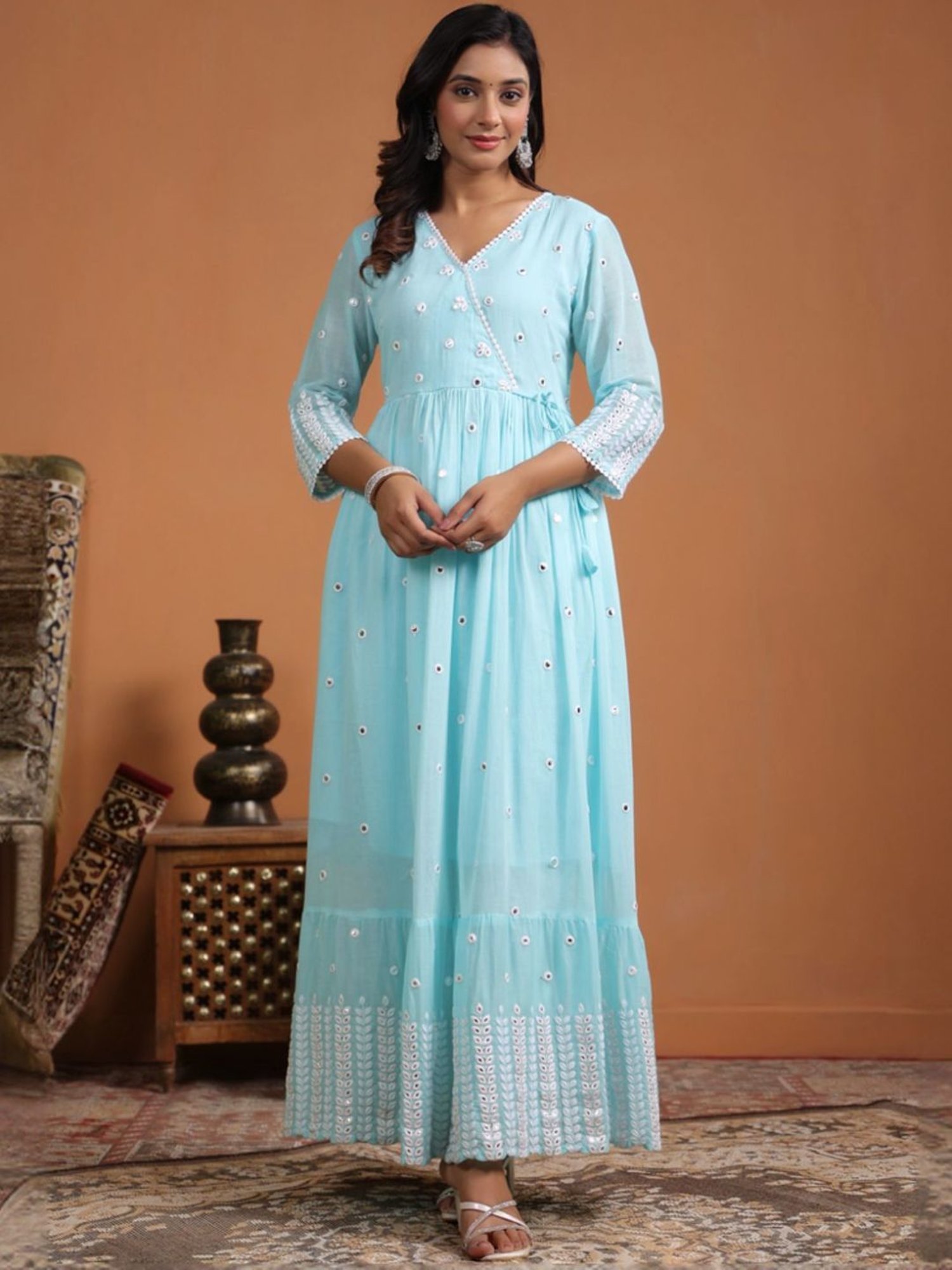 SCAKHI Aqua Blue Mulmul Foilage Mirror Embroidered Angrakha Kurta With Pants And Dupatta