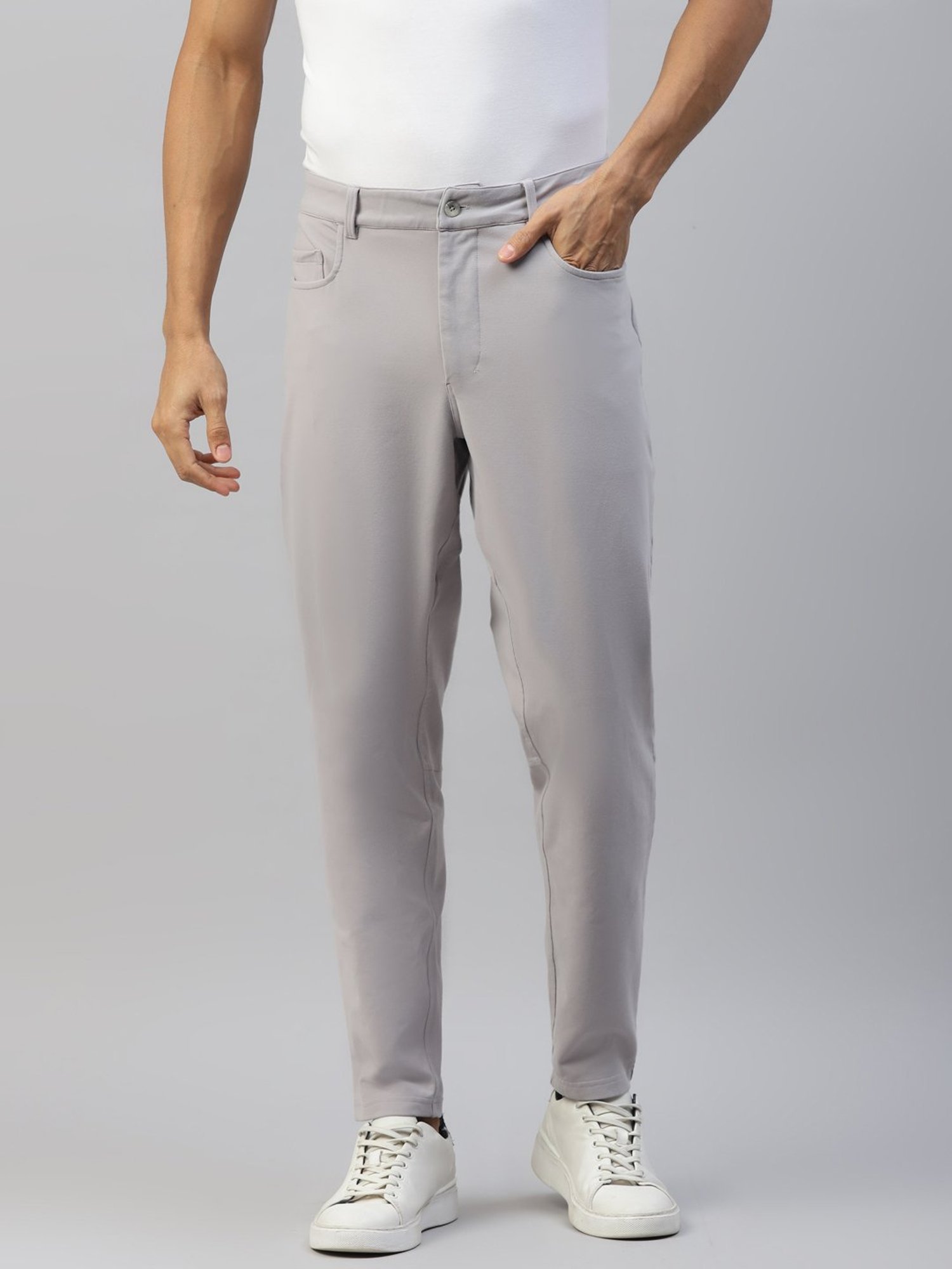 Slowave Light Grey Regular Fit Flat Front Trousers