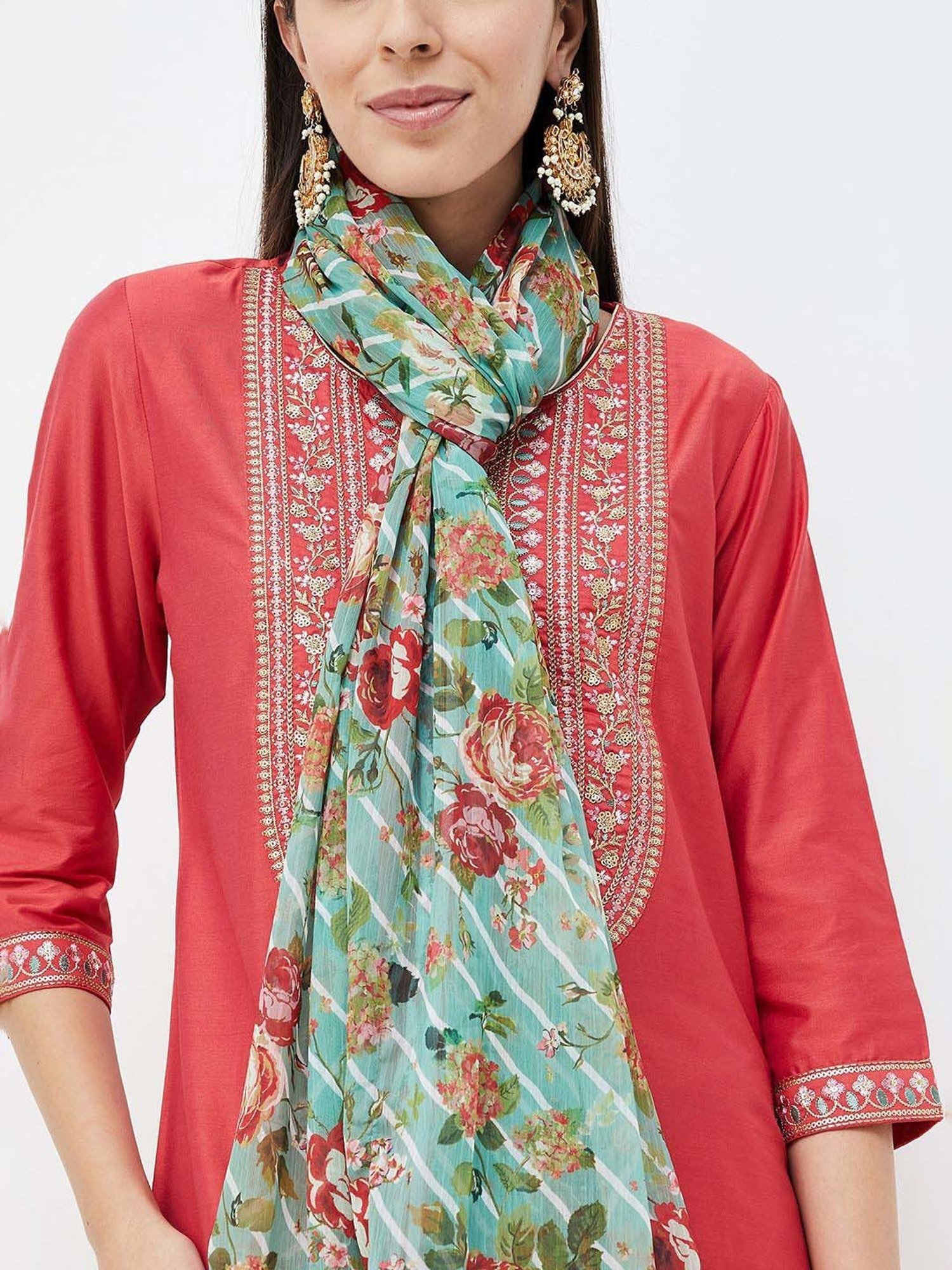 Melange by Lifestyle Red Embroidered Kurta Pant Set With Dupatta