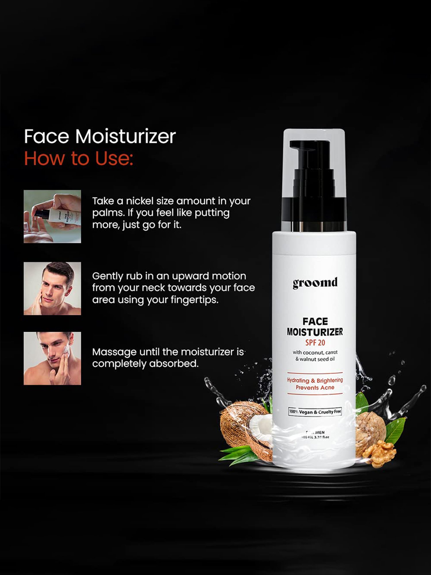 Groomd Face Moisturizer (SPF 20) with Coconut Oil, Carrot Oil & Walnut Seed Oil - Hydrating (100 ml)