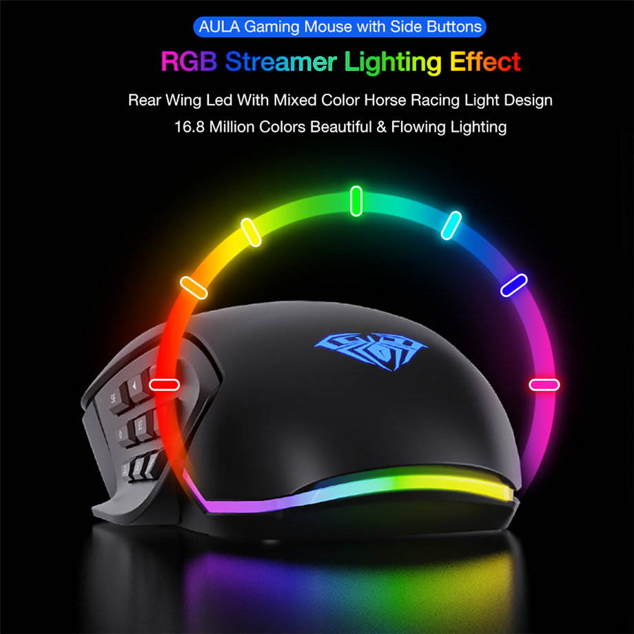 AULA RGB Gaming Mouse with Side Buttons Macro Programming 10000 DPI Adjustable 14 Key Wired USB Backlit Mouse for Desktop Laptop