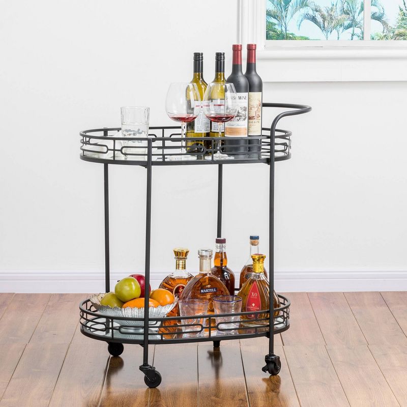 Deluxe 2 Tier Metal Oval Mirrored Bar Cart Black - Glitzhome