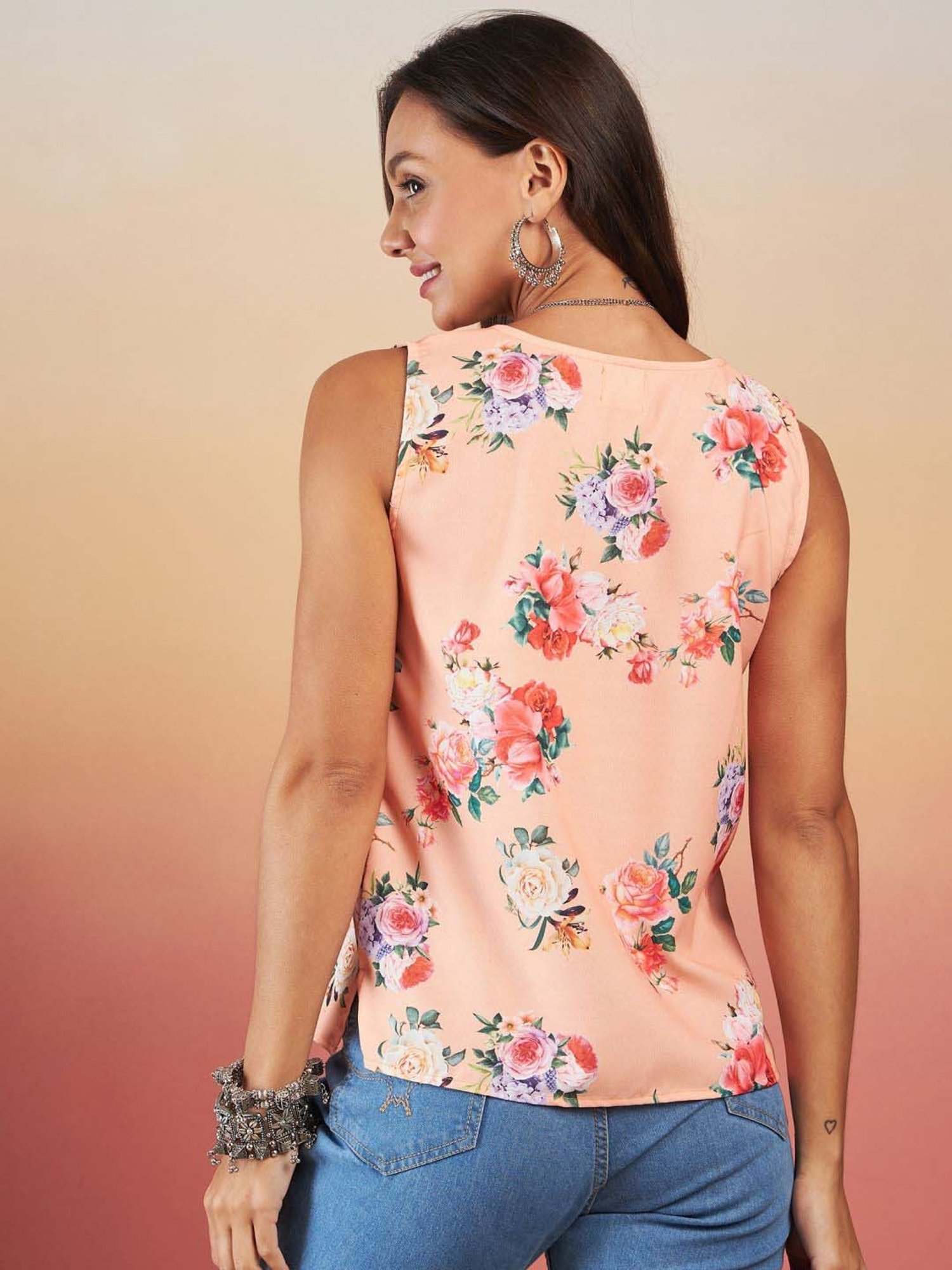 Inweave Peach Floral Print Top